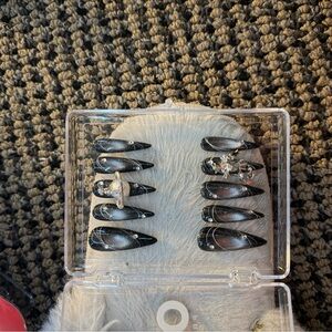 Black and Silver Nail Set with Rhinestones